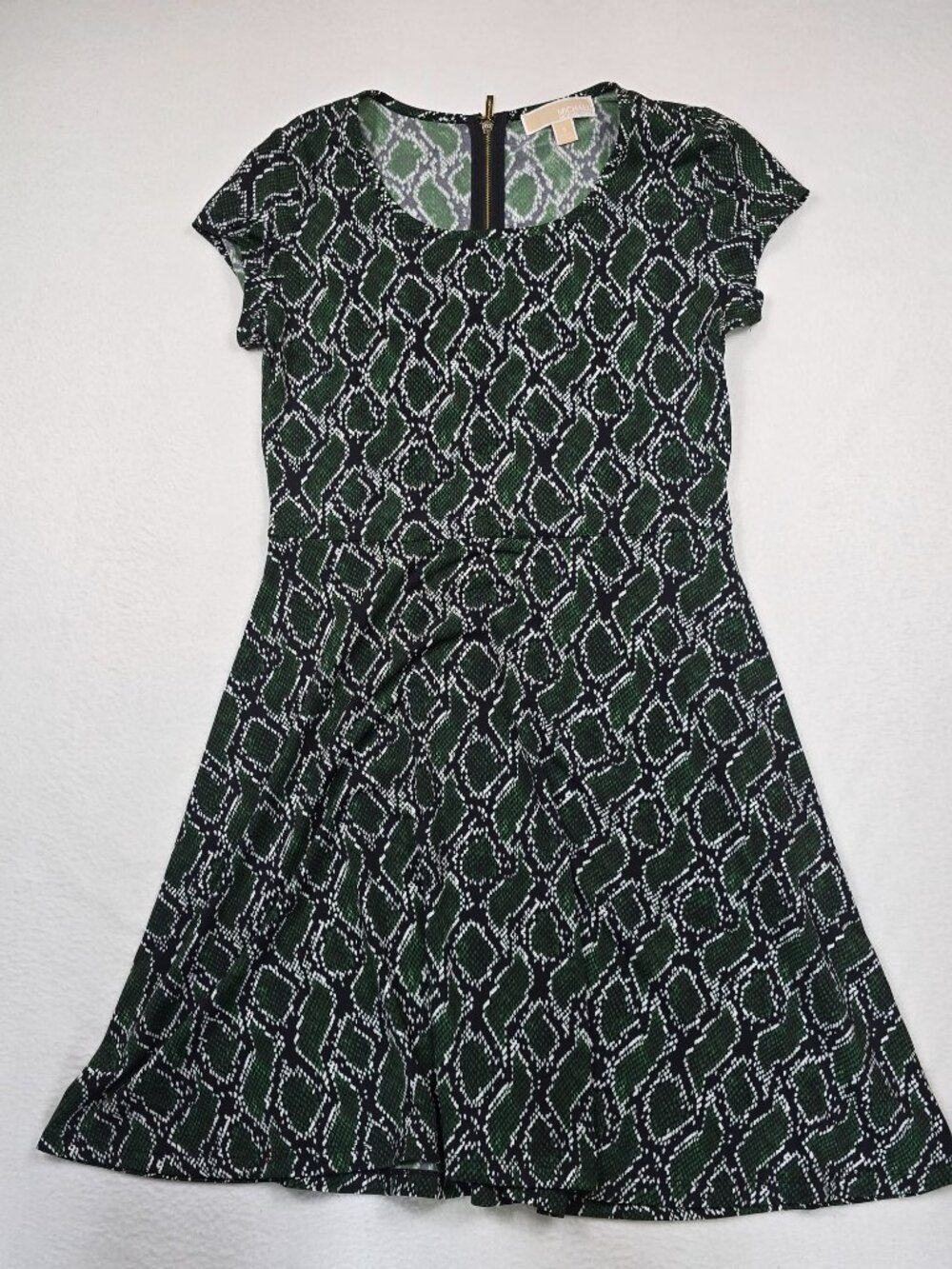 Michael Kors Womens Green & Black Snake Print Dress S Short Sleeve Gold Zipper